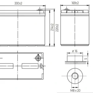 Leaftron LTG12-100 – schemat techniczny z wymiarami 330×169×220 mm