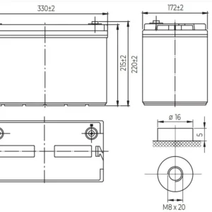 Leaftron LTH12-100 LiFePO4 – schemat techniczny z wymiarami 330×172×220 mm